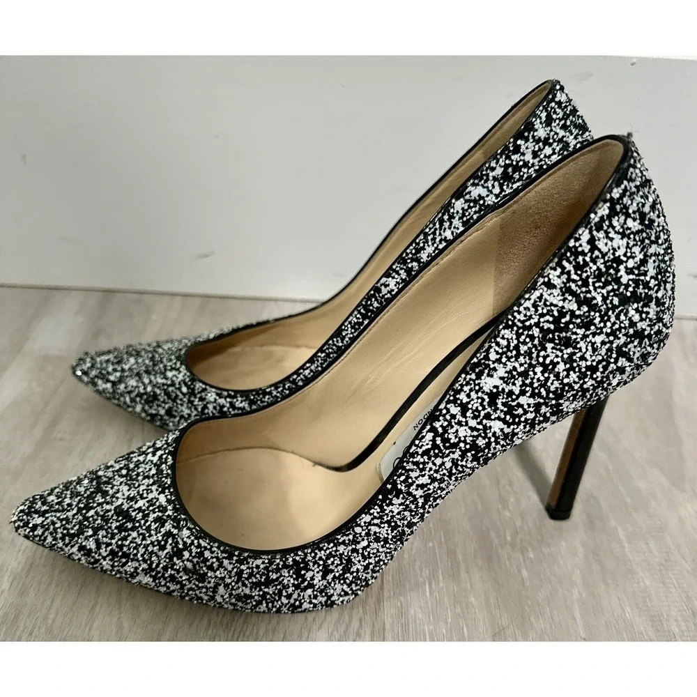 Jimmy Choo Glitter Pointed Toe Stiletto Heels Black White Size 36- us 5.5